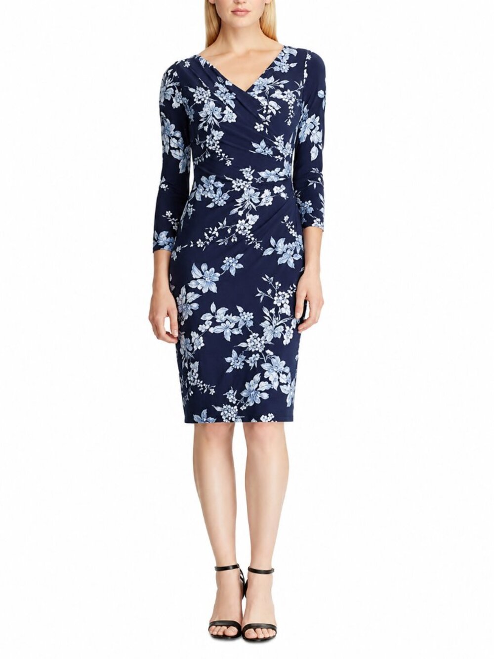 LAUREN RALPH LAUREN Jersey Floral Career Dress Stretch Knee Length Navy Womens 4